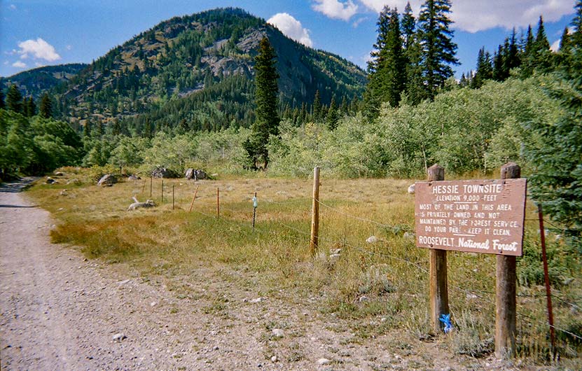 old four wheel drive road and trail with sign marking former town site of Hessie Colorado