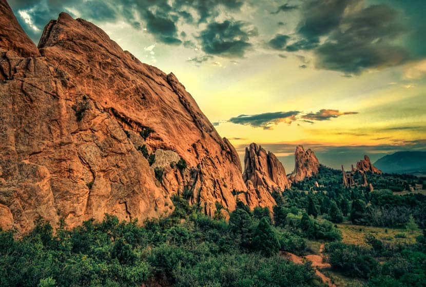 Garden of the Gods red rock in colorado springs with sunset and cloudy skies