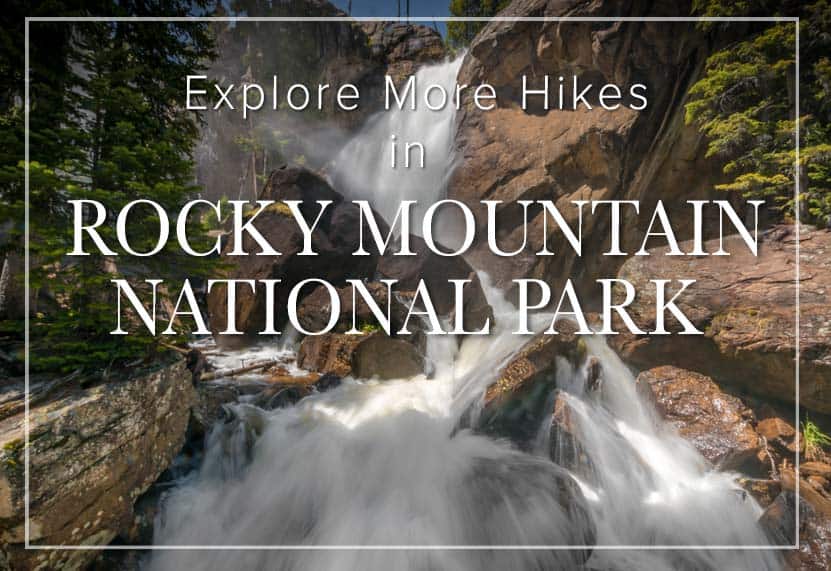 ouzel falls waterfall in rocky mountain national park wild basin hike with text overlay explore more hikes in rocky mountain national park