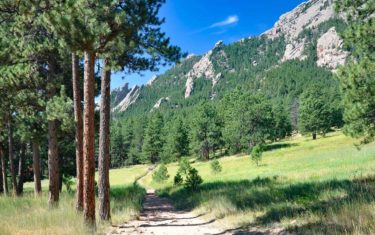 south mesa trail hike with ponderosa pines in foreground and flatirons mountains in background near boulder colorado